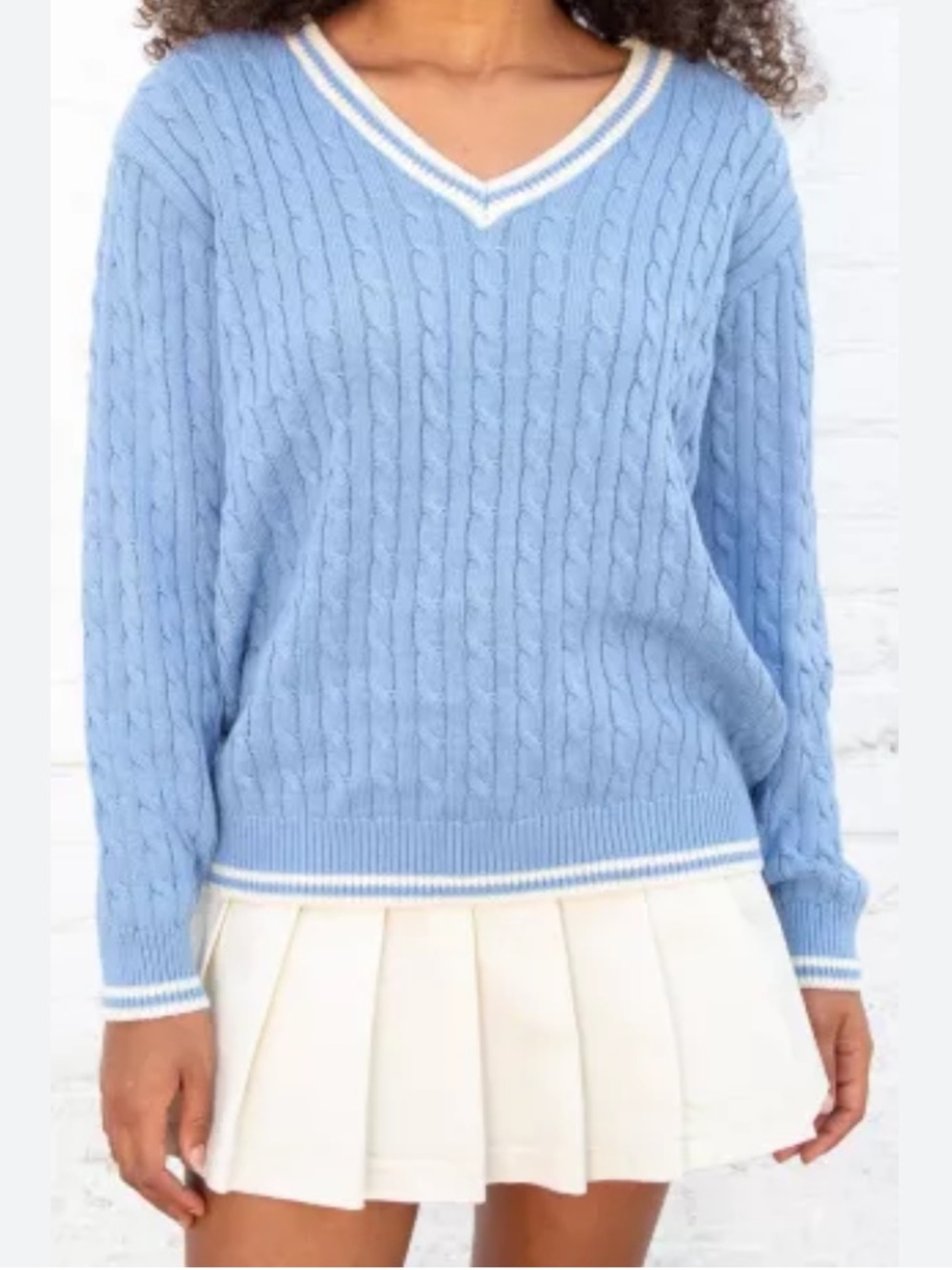 Brandy Melville J Galt Blue V-Neck Cable Nikki Cableknit Sweater with White Trim